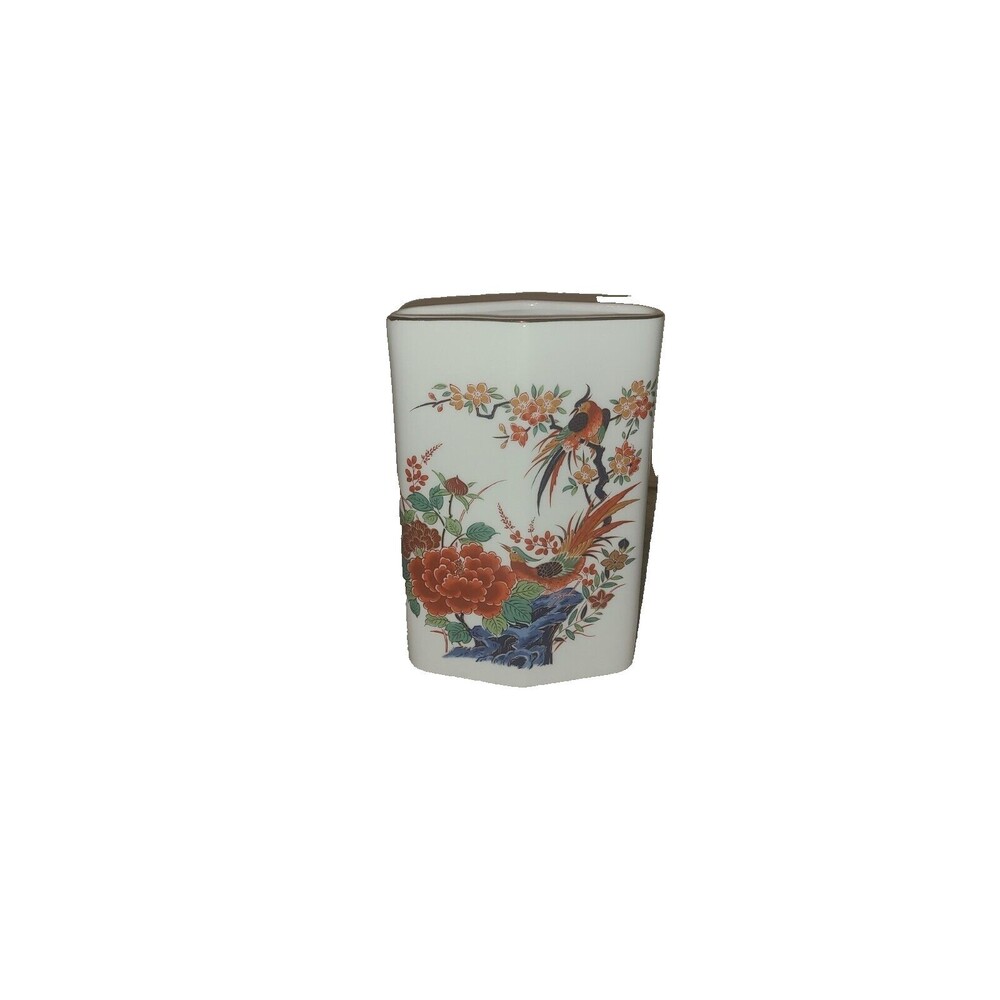 Vintage JAPANESE KUTANI Envelope Vase ORIENTAL GARDEN White Porcelain 7" BIRDS